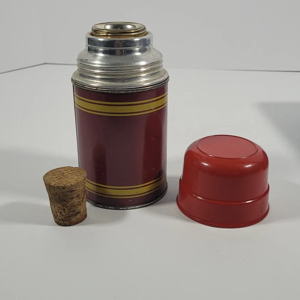 Vintage Blue Metal Lunch Box with Red Striped Thermos Cork Stopper Made in USA - Picture 2 of 15